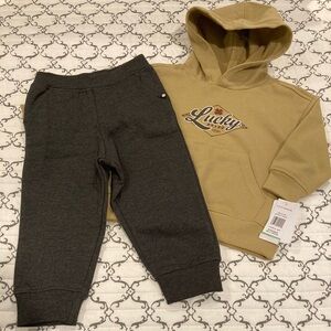 Lucky Brand Kids Charcoal Gray Joggers Tan Logo Hoodie Baby Boys 2 Piece Set NWT